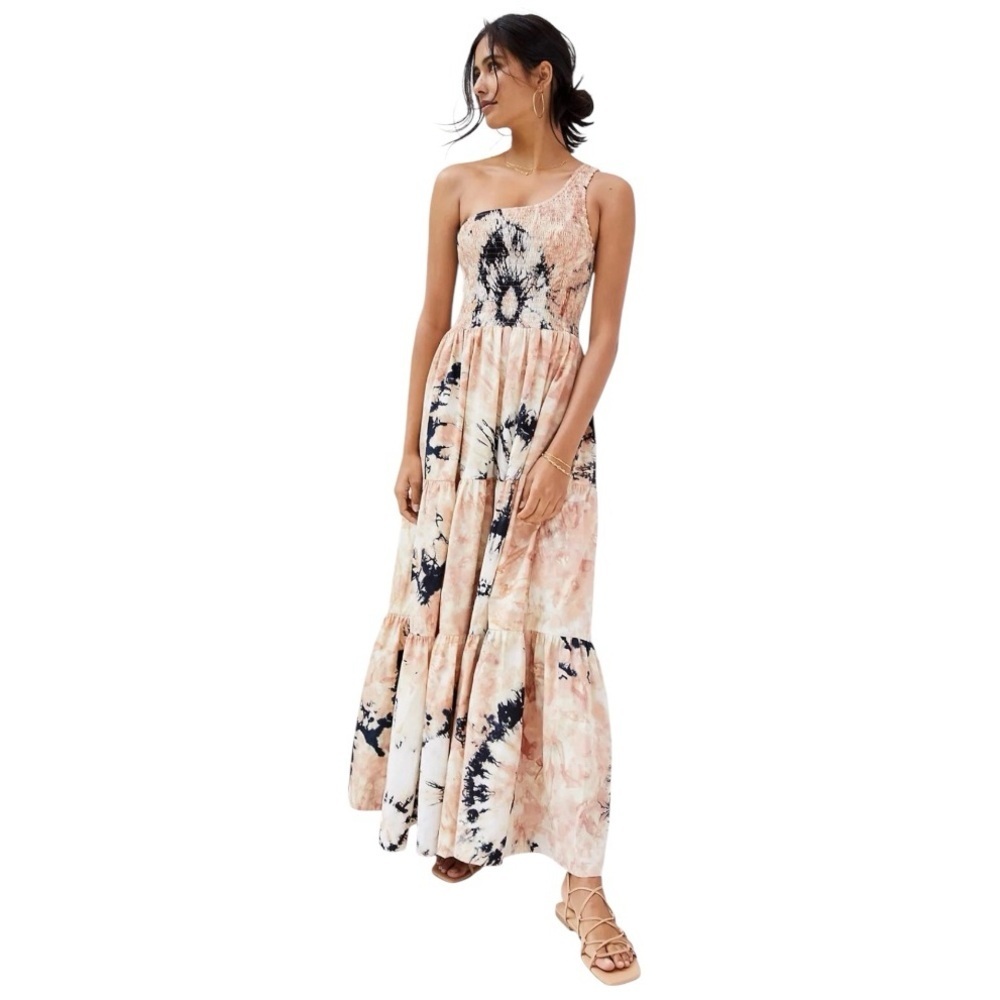 SWF anthropology Asymmetric Maxi Smock Tiered Cottagecore Dress in Coastal Oat